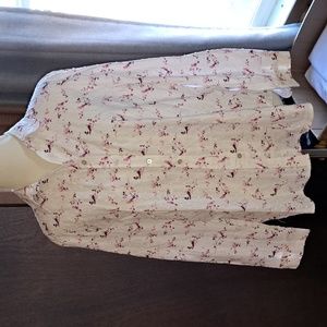 Jane and Delancey size M blouse with pink and dark pink birds on branches.